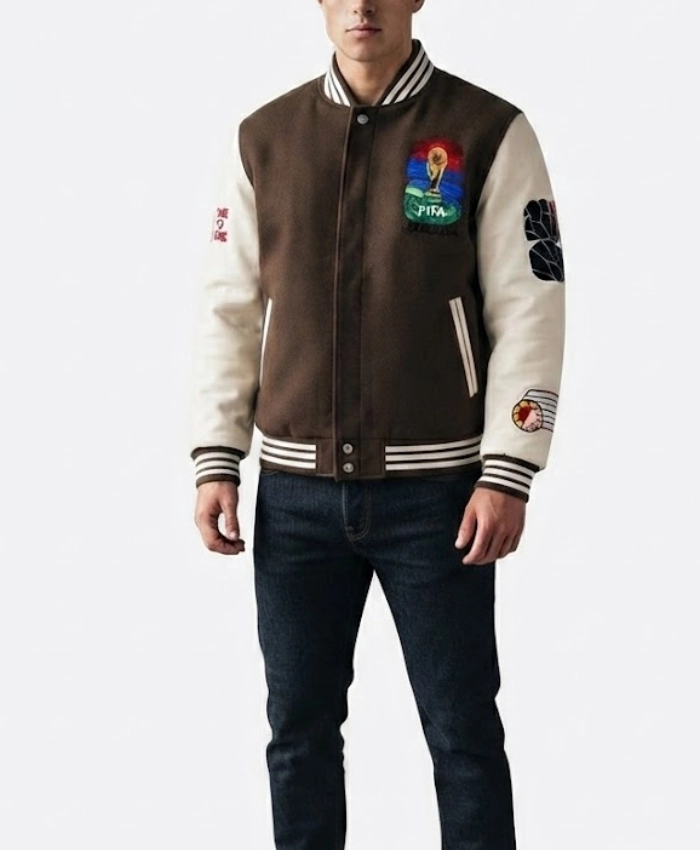 Shop North America World Cup Brown Leather Varsity Jacket