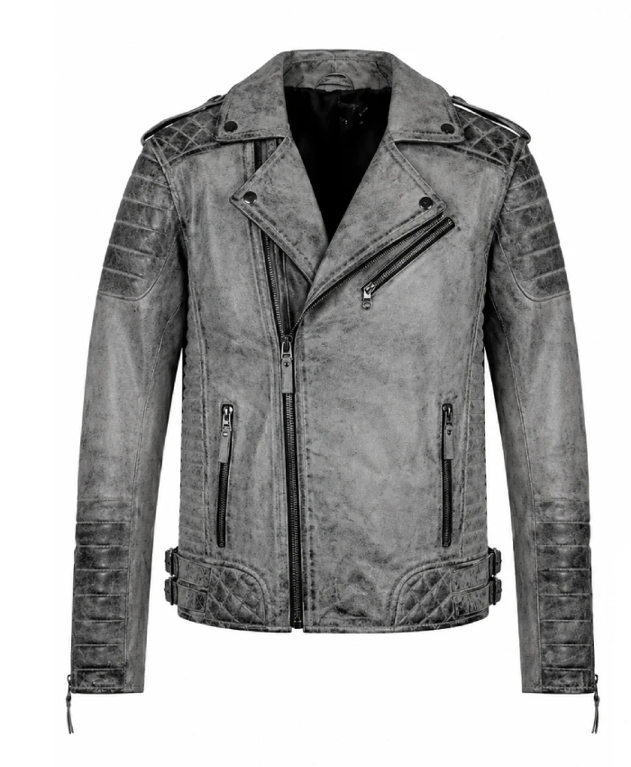 Shop Now Classic Quilted Biker Weathered Smoke Grey Leather Jacket