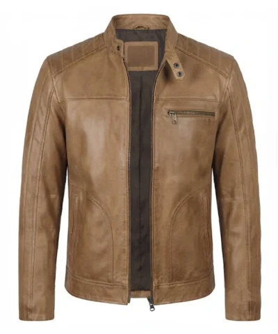 Shop Now Mens Camel Biker Style Quilted Leather Jacket