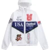 Shop Virgil Abloh x Nike USA White and Blue Hooded Anthem Jacket