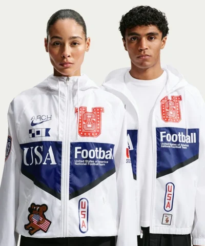 Shop Virgil Abloh x Nike USA White and Blue Jacket