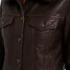 Black Leather Trucker Jacket with Shearling Collar for Women's