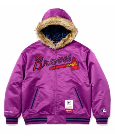 Supreme x Atlanta Braves Purple Satin Hooded Jacket