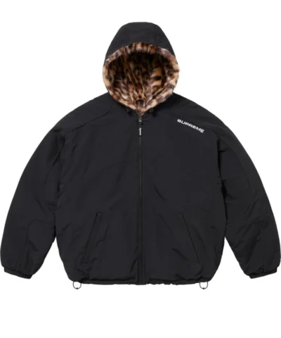 Supreme x Mens Faux Fur Reversible Black Hooded Track Jacket