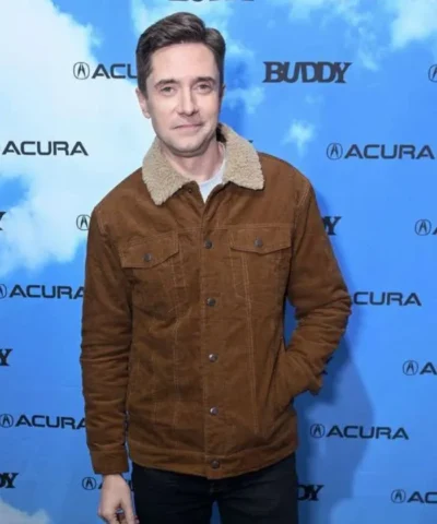 Topher Grace Buddy Premiere Sundance Film Festival 2026 Shearling Brown Jacket
