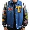 True Religion Wool with Leather Blue Varsity Jacket