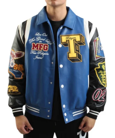 True Religion Wool with Leather Blue Varsity Jacket