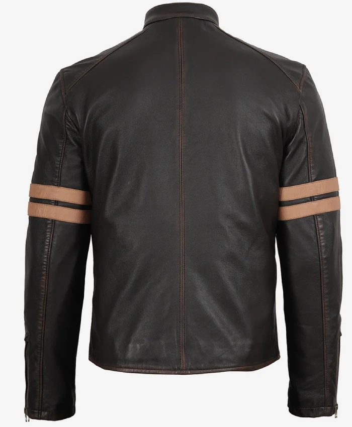 Vintage Brown Biker Jacket with Dual Racing Stripes On Sale