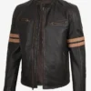 Vintage Brown Leather Biker Jacket with Dual Racing Stripes On Sale