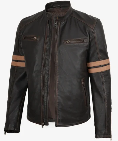 Vintage Brown Leather Biker Jacket with Dual Racing Stripes On Sale