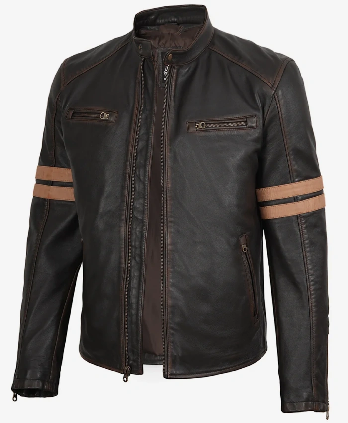 Vintage Brown Leather Biker Jacket with Dual Racing Stripes On Sale