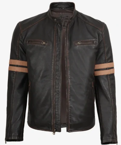 Vintage Brown Leather Jacket with Dual Racing Stripes On Sale