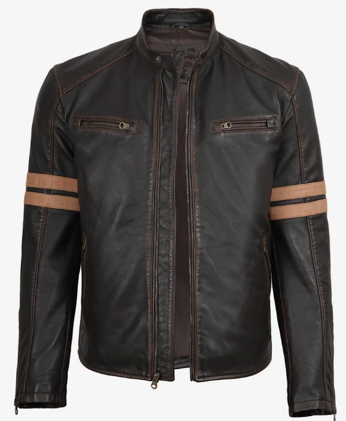 Vintage Brown Leather Jacket with Dual Racing Stripes On Sale