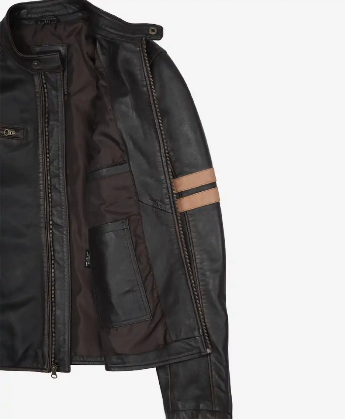 Vintage Leather Biker Jacket with Dual Racing Stripes On Sale