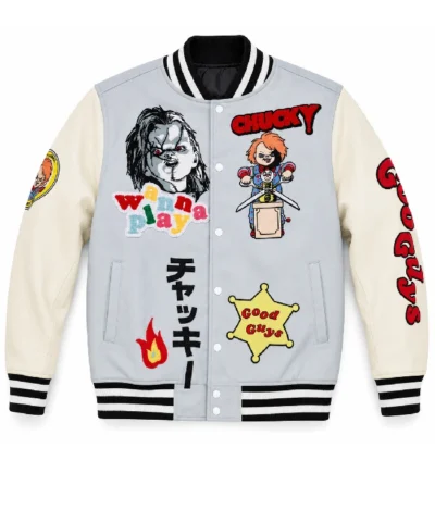 Wanna Play Chucky Good Guys Grey and White Varsity Jacket