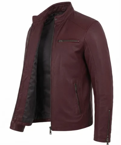 Washed Maroon Cafe Racer Leather Jacket