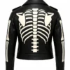 Women Black Leather White Skeleton Bones Leather Biker Cosplay Jacket