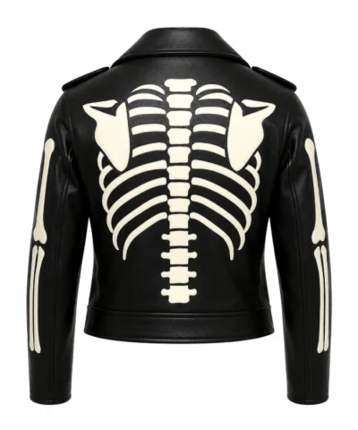 Women Black Leather White Skeleton Bones Leather Biker Cosplay Jacket