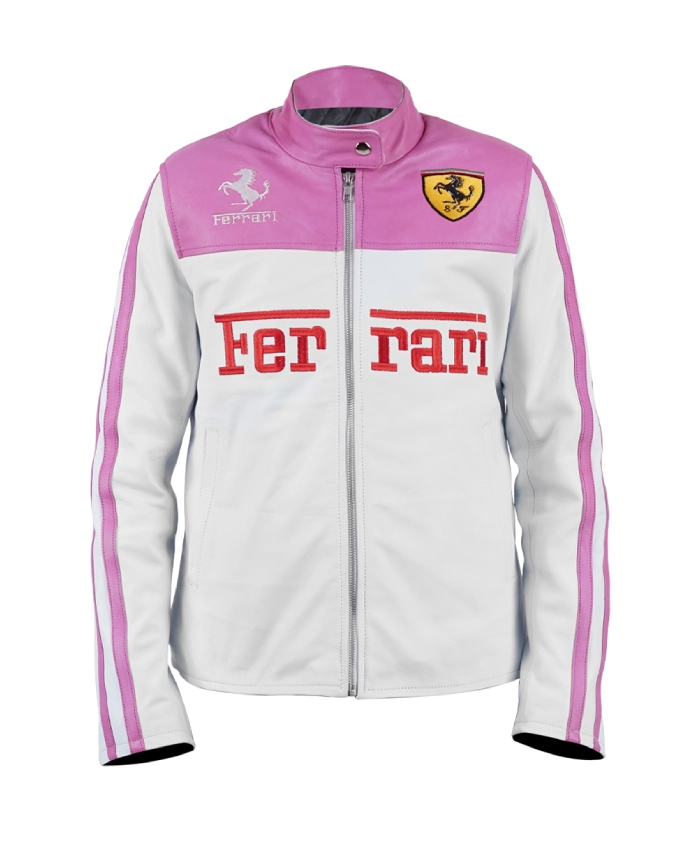 Ferrari Pink Leather Biker Racing Leather Jacket For Ladies