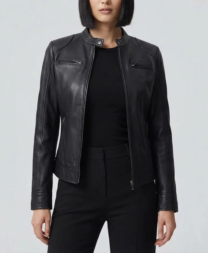 Womens Black Lambskin Leather Biker Style Jacket