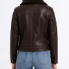 Black Leather Trucker Jacket with Shearling Collar for Women's