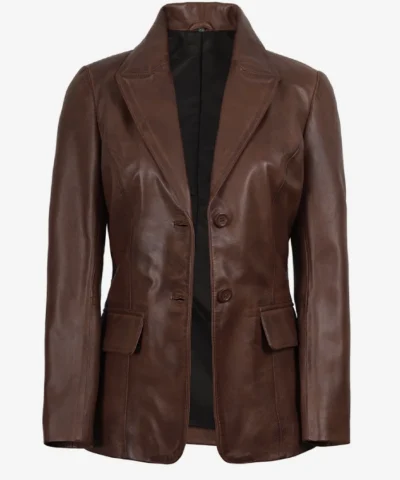 Womens Cognac Two Button Waxed Leather Blazer