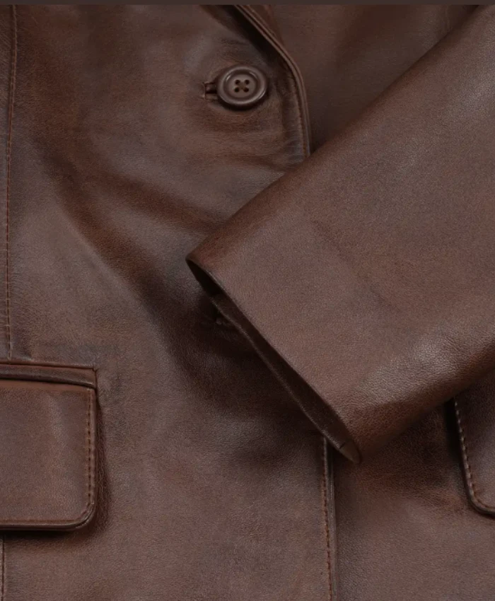 Womens Cognac Two Button Waxed Leather Blazer On Sale