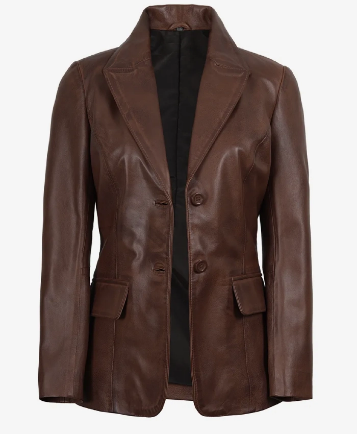Womens Cognac Two Button Waxed Leather Blazer