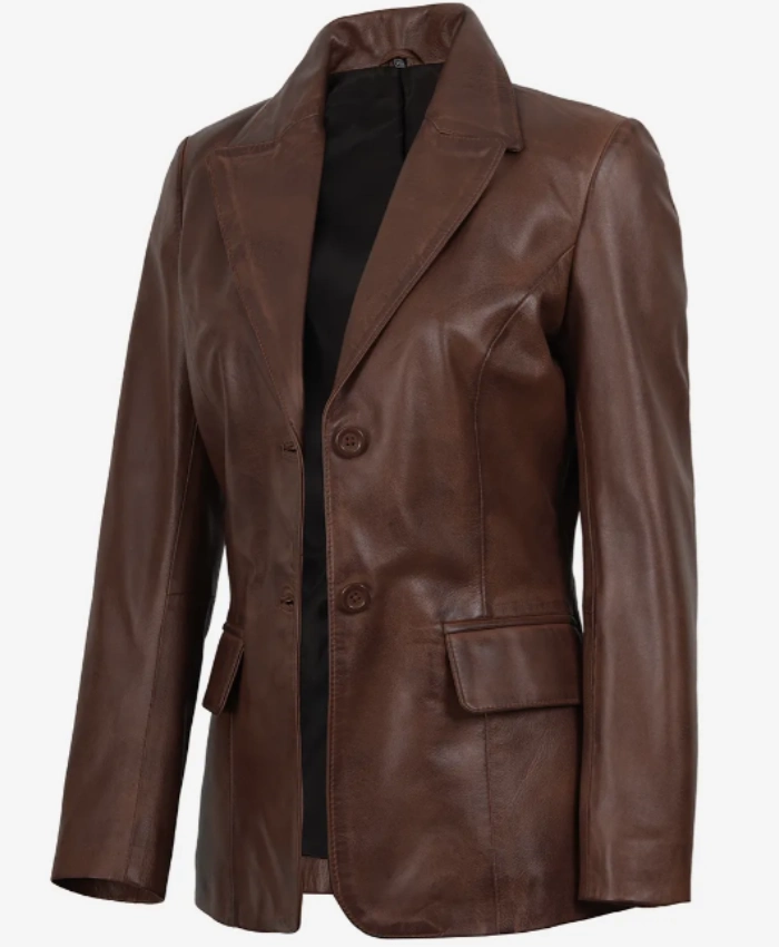 Womens Cognac Waxed Leather Blazer