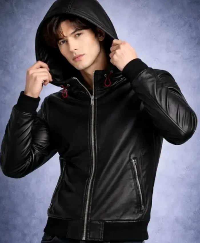 Yuji Itadori Black Leather Hooded Jacket For Sale