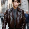 Zhang Linghe Gucci Cruise 2026 Brown Leather Jacket