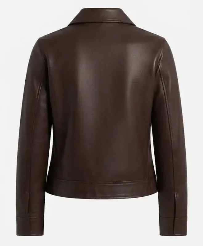 Classic Harrington Brown Leather Jacket For Women